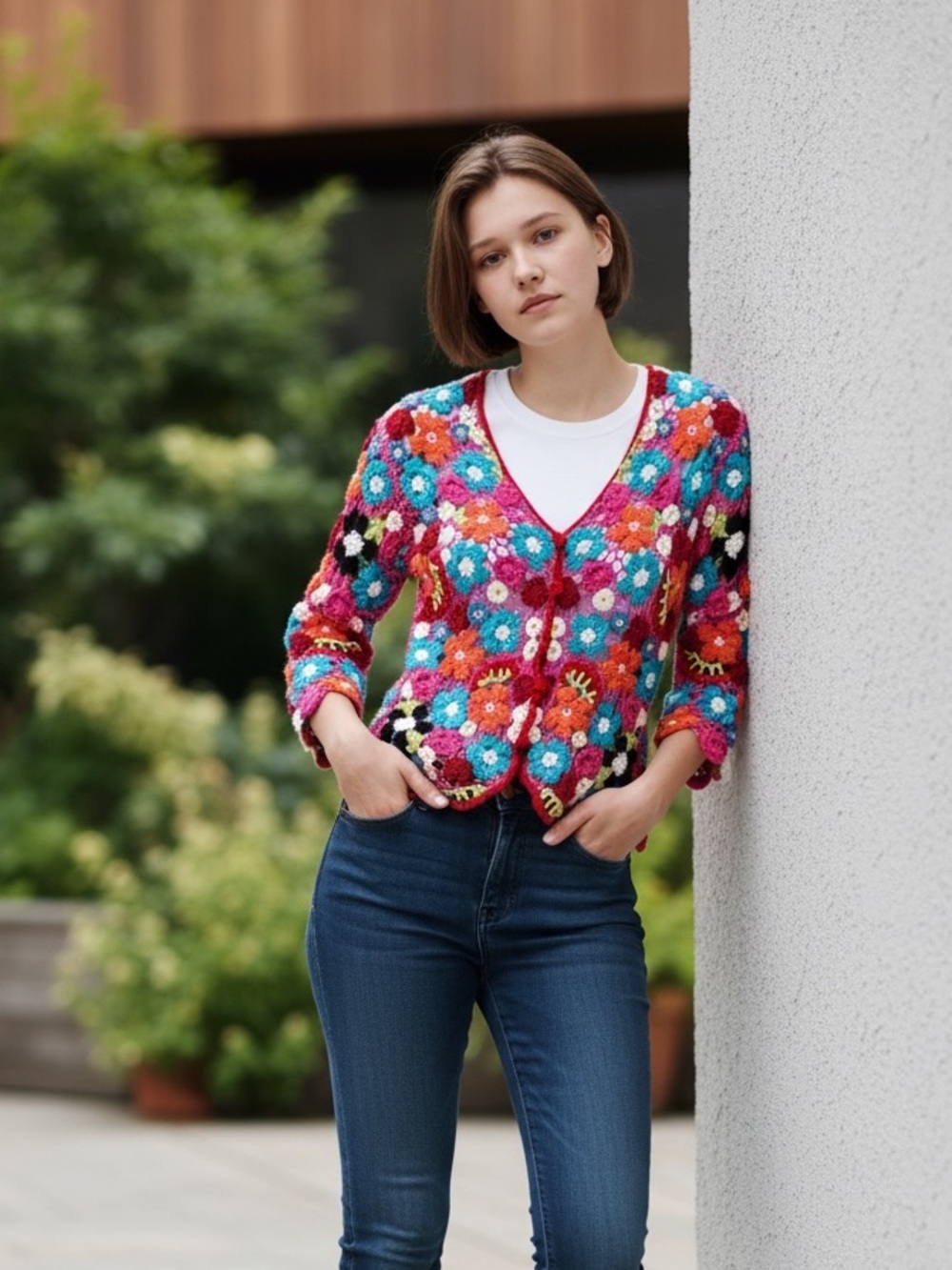 Vintage Chicos Floral Crochet Hippie Retro‎ Linen Blend Cardigan 2 (M)